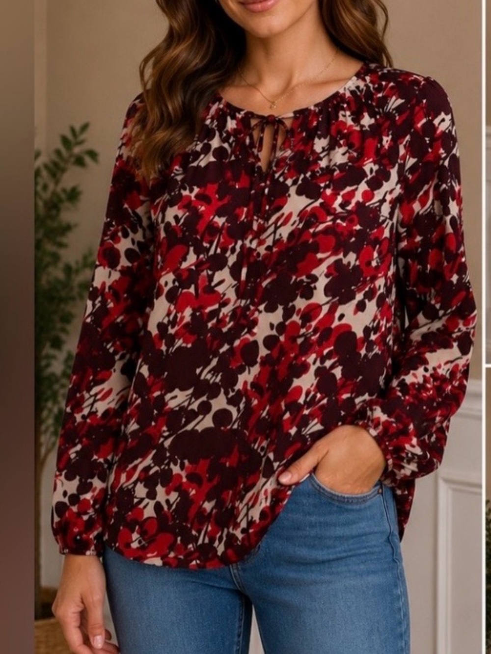 J.Crew XS Red Burgundy Abstract Floral Tie Neck Long Sleeve Blouse Lightweight
